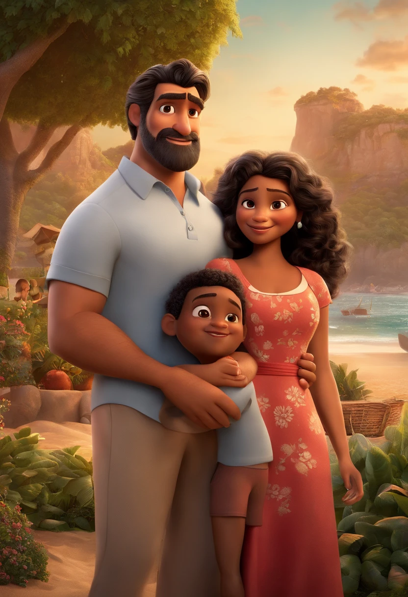 a Disney Pixar movie poster showing a Latino family. The father is the tallest, Tem barba longa, Moreno, cabelos curtos e espinhosos. The mother has black eyes and curly black hair, shoulder-length and is slightly overweight. A menina tem 4 anos e cabelos cacheados, roupa rosa. The boy is  and dark. The background is a beach garden. 3D-rendering