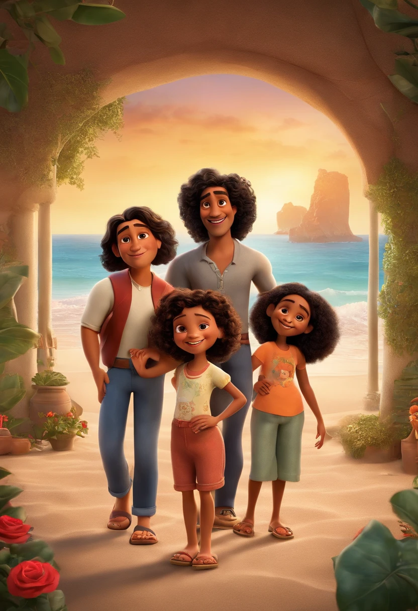 a Disney Pixar movie poster showing a Latino family. The father is the tallest, Tem barba longa, Moreno, cabelos curtos e espinhosos. The mother has black eyes and curly black hair, shoulder-length and is slightly overweight. A menina tem 4 anos e cabelos cacheados, roupa rosa. The boy is and dark. The background is a beach garden. 3D-rendering