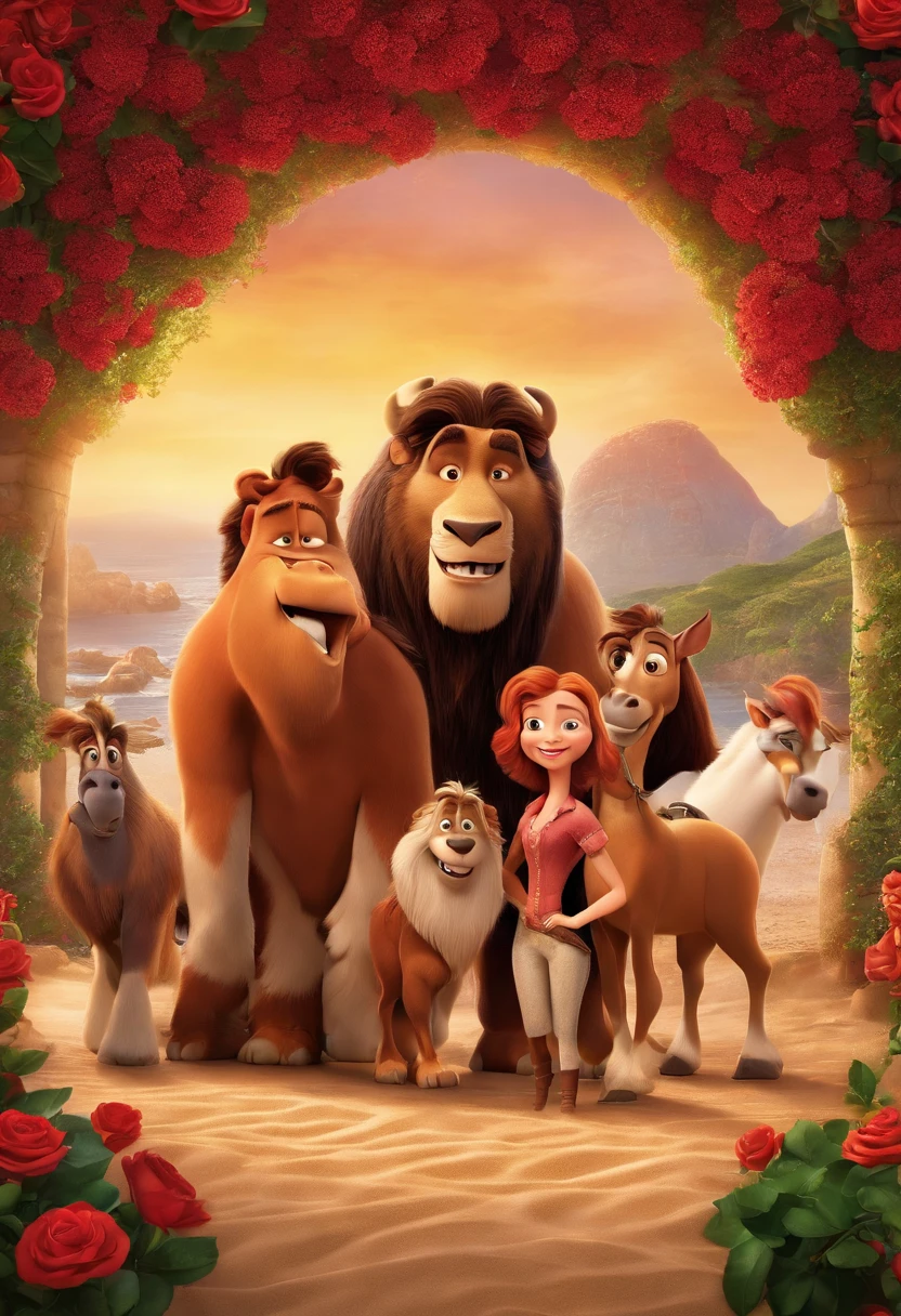 a Disney Pixar movie poster showing a white-skinned family. The father is the tallest, Tem barba curta, loiro, cabelos curtos e espinhosos. The mother has brown eyes and hair, shoulder-length and is slightly overweight. A tem 4 anos e cabelos castanhos, roupa rosa e rabos de cavalo. The background is a beach garden. 3D-rendering
