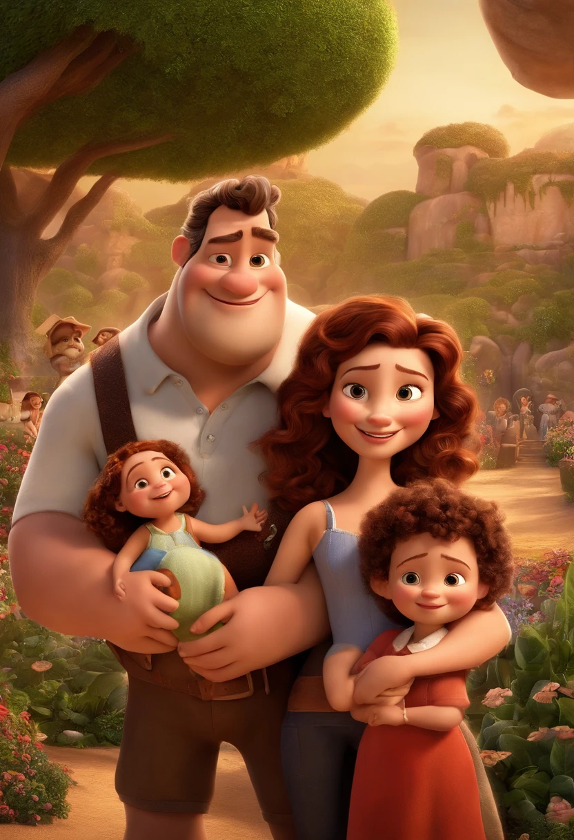 a Disney Pixar movie poster showing a white-skinned family. The father is the tallest, Tem barba curta, loiro, cabelos curtos e espinhosos. The mother has brown eyes and hair, shoulder-length and is slightly overweight. A tem 4 anos e cabelos castanhos, roupa rosa e rabos de cavalo. The background is a beach garden. 3D-rendering