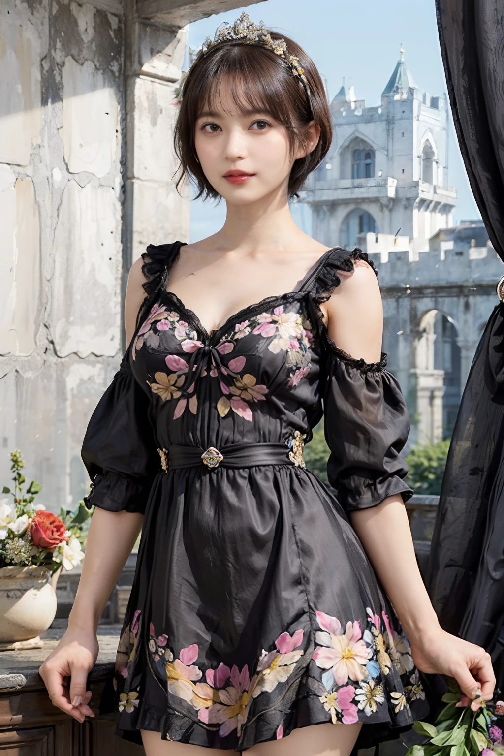 80
(20-year-old princess,is standing), (A hyper-realistic), (masutepiece), ((short-hair:1.46)), (Smooth black hair), (Breast:1.0), (kindly smile:0.9), (Floral Dresses:1.46), (Majestic Palace:1.46), Orange Lipstick