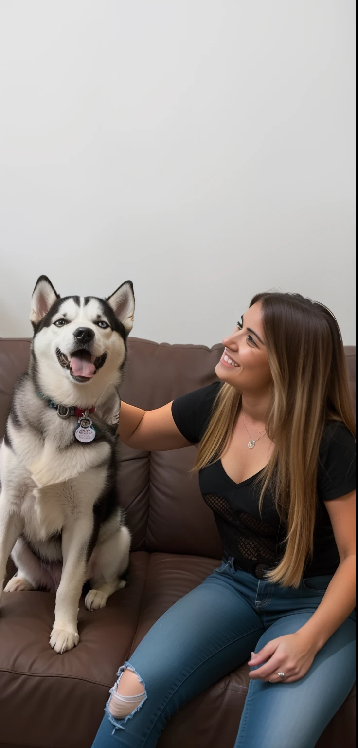Woman sitting on a sofa with a dog on her lap, Directed by: Emma Andijewska, imagem de perfil, she is smiling and excited, Directed by: Maksimilijan Vanka, Directed by: Nandor Soldier, Angiewolf, Divertido, Directed by: Eva Švankmajerová, imagem de qualidade muito baixa, husky, pet animal