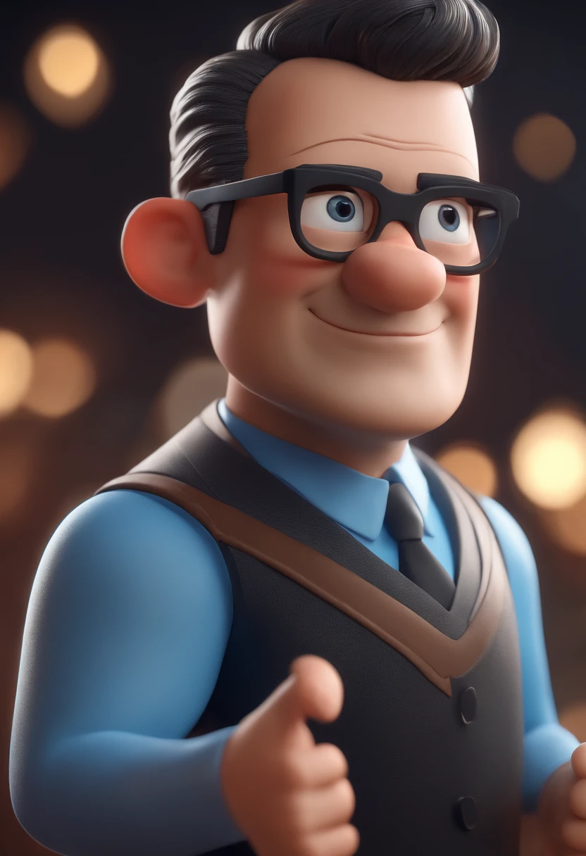 Cartoon character of a man with black glasses and a blue shirt, animation character, Caractere estilizado, animation style rendering, 3D estilizado, Arnold Maya render, 3 d render stylized, toon render keyshot, Personagem 3D, Personagem 3D, 3d rendering stylized, 3 d character render, personagem de desenho animado, Personagem de close up, Pose de personagem, (Estilo Pixar) (master part:1.2) (Bokeh) (best quality) (pele detalhada) (textura detalhada) (8k) (argila) (Cinematic lighting) (foco nítido