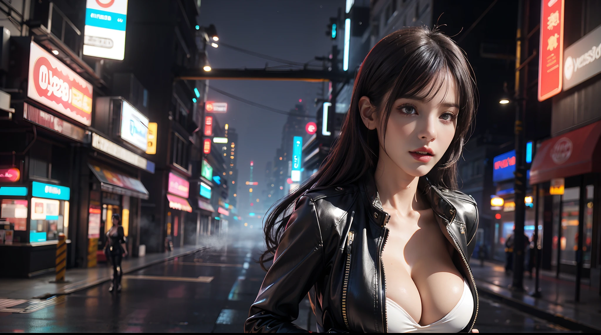 1girll,Solo,(3D realistic), mediuml breasts, (Shiny black hair),tight leather clothes, (cleavage), Slim and sexy body, hyper HD, 8K,dramatics,(Mid-range portrait),The city of the future,street corner,the night,Sateen,volume fog,steamy,cyber punk perssonage