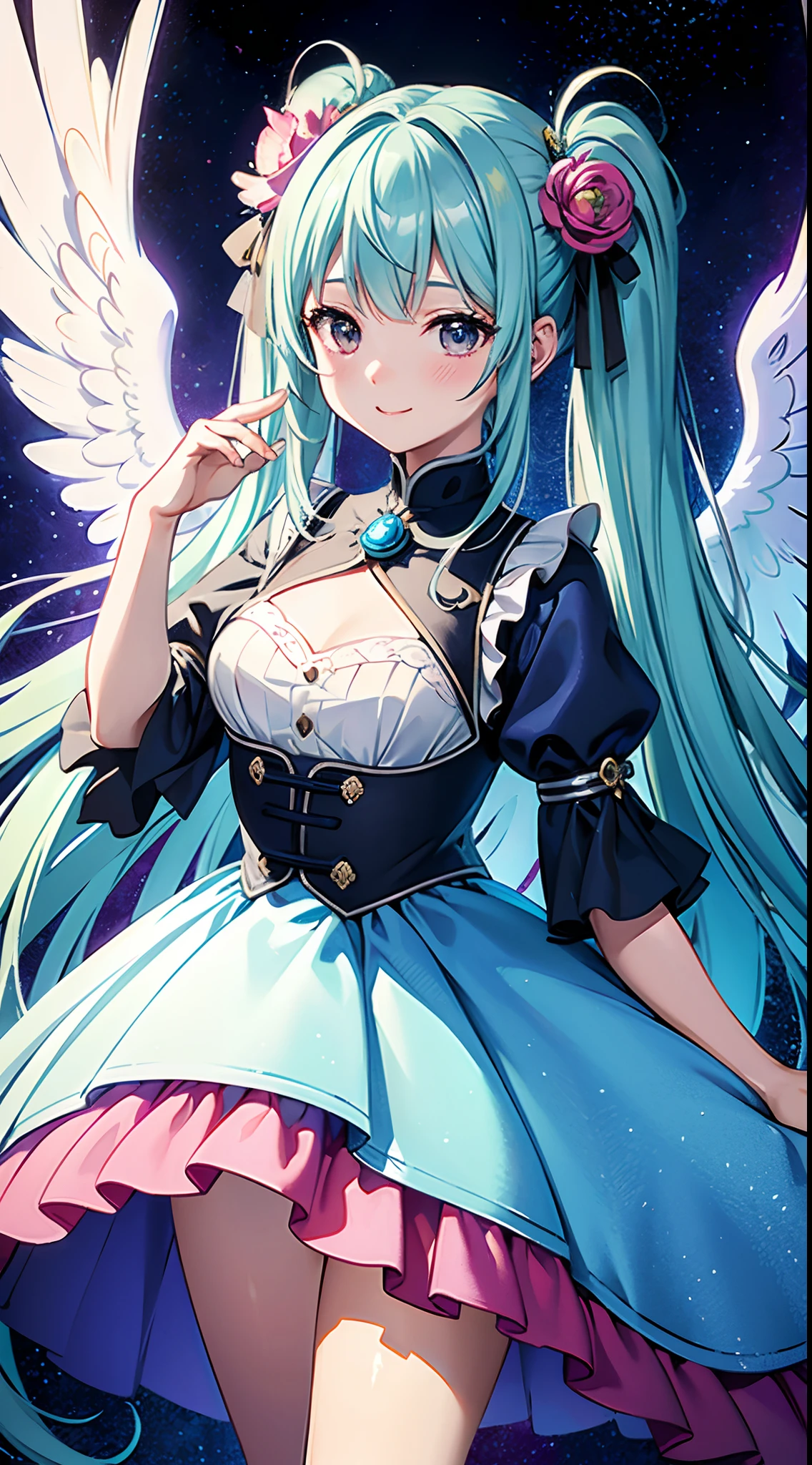 (masterpiece、top-quality、top-quality、Official art、Beautifully Aesthetic:1.2)、(1girl in:1.3)Light blue long hair、Twin-tailed、adorable smiling、ighly detailed、(Fractal Art:1.1)、(colourfull:1.1)(florals:1.3)、highestdetailed、(Zentangle:1.2)、(dynamicposes)、(Abstract background:1.3)、(shinny skin)、(Many colors:1.4)、、(耳Nipple Ring)、(pluma:1.5)、White background、See-Through Phoenix Leotard、Angel wings shining in seven colors、1 kawaii girl、adorable smiling、Twin tails with long light blue hair、Seven colors sparkling angel costume in ruffles and ta style、A blizzard of fluttering flowers(Some photos)、((top-quality))、((masterpiece))、(ighly detailed、highestdetailed、Official art、Beautifully Aesthetic:1.2)