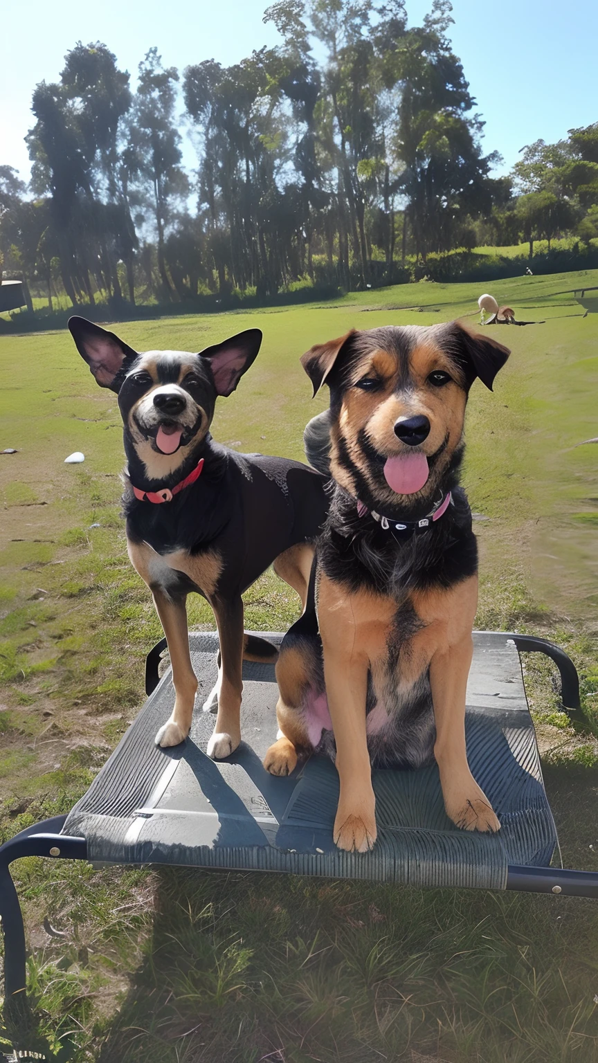 There are two dogs sitting on a metal bench in the grass, both smiling for the camera, Two dogs, Divertindo-se ao sol, 📷 Mungojerrie e Rumpleteazer, caras felizes, Male smiling at camera, Enevoado, Bullies, smiling at camera