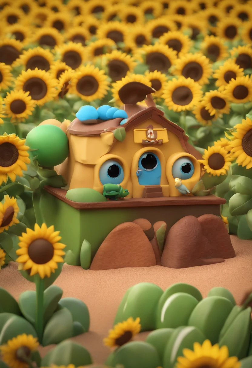 Create a Disney PIXAR-style 3D poster. ((centro, 1 mulher que tem pele morena , olhos e cabelos escuros e longos 30 anos de idade,)) ((tudo isso no estilo Disney PIXAR 3D, In the background, A house of sunflowers, Gloria Studio, The garden is full of nature 3D render RTX clay material, estilo de design cartunesco, POP Mart, soft lighting, linhas suaves, Spring tilt, Detailed illustrations of PIXAR 3D, Detalhes hiper-realistas, cor quente no estilo Disney PIXAR 3D))