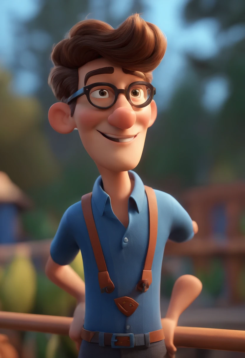 Cartoon character of a man wearing black glasses and a blue shirt, um personagem animado, Caractere estilizado, animation style rendering, 3D estilizado, Arnold Maya render, 3 d render stylized, toon render keyshot, Personagem 3D, Personagem 3D, 3d rendering stylized, 3 d character render, personagem de desenho animado, Personagem de close up, Pose de personagem, (Estilo Pixar) (master part:1.2) (Bokeh) (best quality) (pele detalhada) (textura detalhada) (8k) (argila) (Cinematic lighting) (foco nítido，Senta e vaza a parte superior do corpo