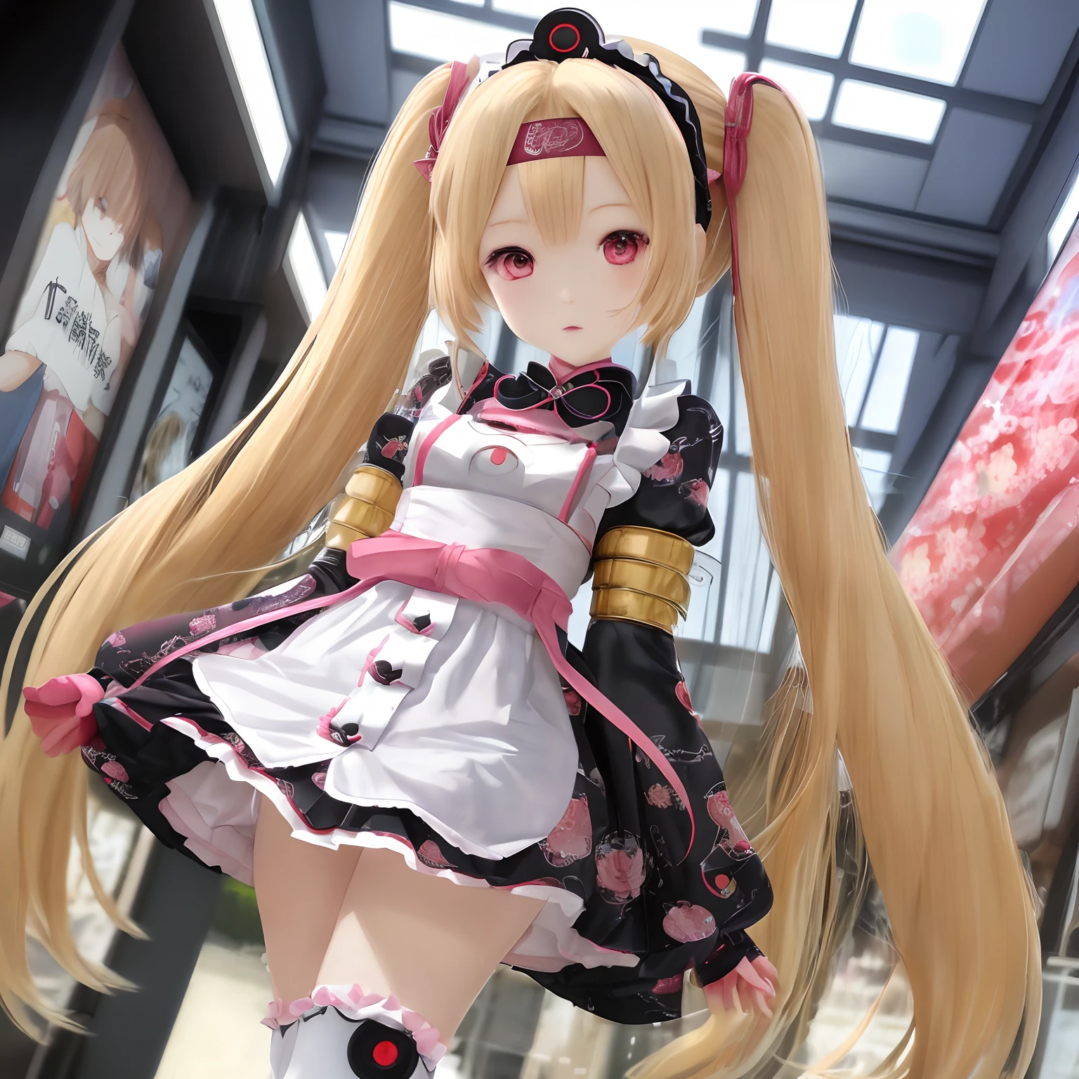 Japan anime style、Futuristic android girl、Blonde longhair、Wearing Lolita clothes、a miniskirt、Wearing a headband