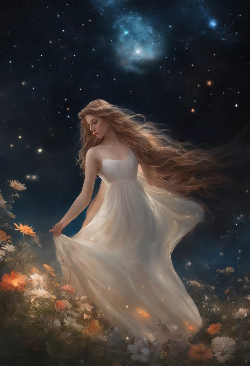 Foto em close-up, uma garotinha de Anime usando um vidro branco , Standing on the ground,vista noturna ,Many stars in the night sky,the Milky Way ,flores coloridas,Headshot Close-up, oil painting style, Very obvious oil painting traces, estilo de paleta impressionista, UHD 32k, Beautiful, Booru, Tempo antigo, desenhos animados coloridos --ar 3:4 --