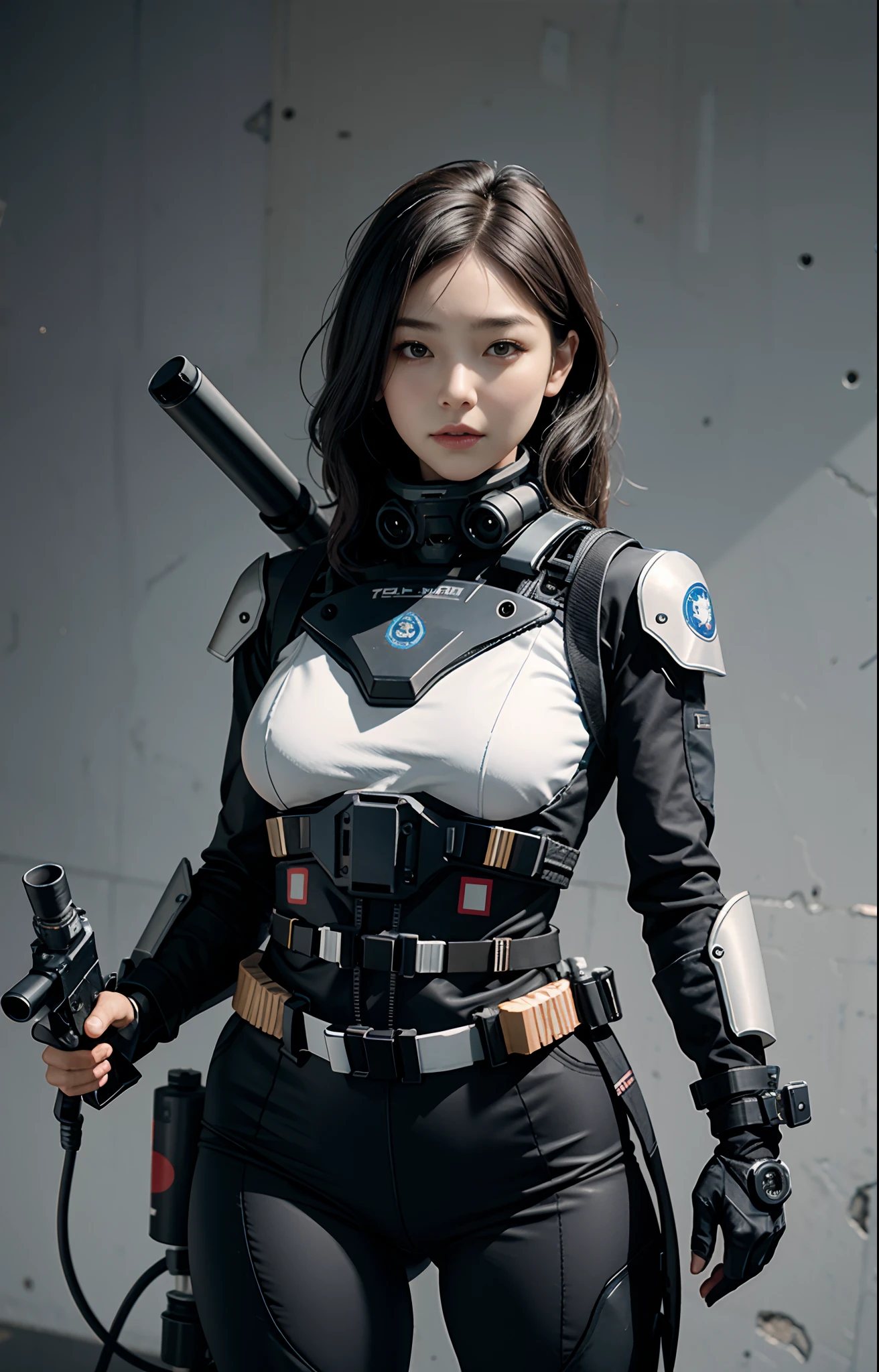 Highest image quality, outstanding details, ultra-high resolution, (realism: 1.4), ((close up:0.75)), highly condensed 1 lady, with beautiful and a delicate face, perfect proportion, aiming the viewer, ((aiming the viewer)), (chubby:0.3, small breasts), (cloths color base ratio black:0.4 white:0.5 other-color:0.1), (wearing rash-guard likes police uniform, black and gray mecha, wearing futuristic-full-face-mask, military harness, holding hich-tech-flamethrower -tank on back), background simple grey wall,