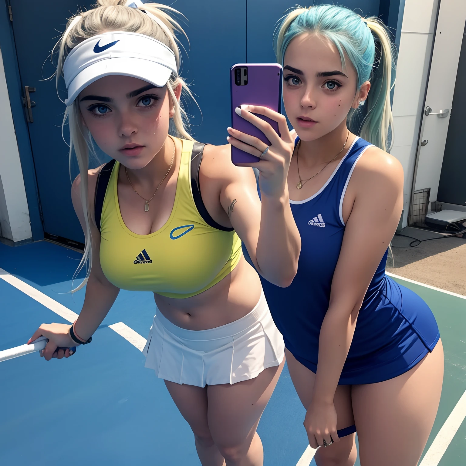 Billie elish, big tits, dressed as a tennis player, sweaty, taking a selfie