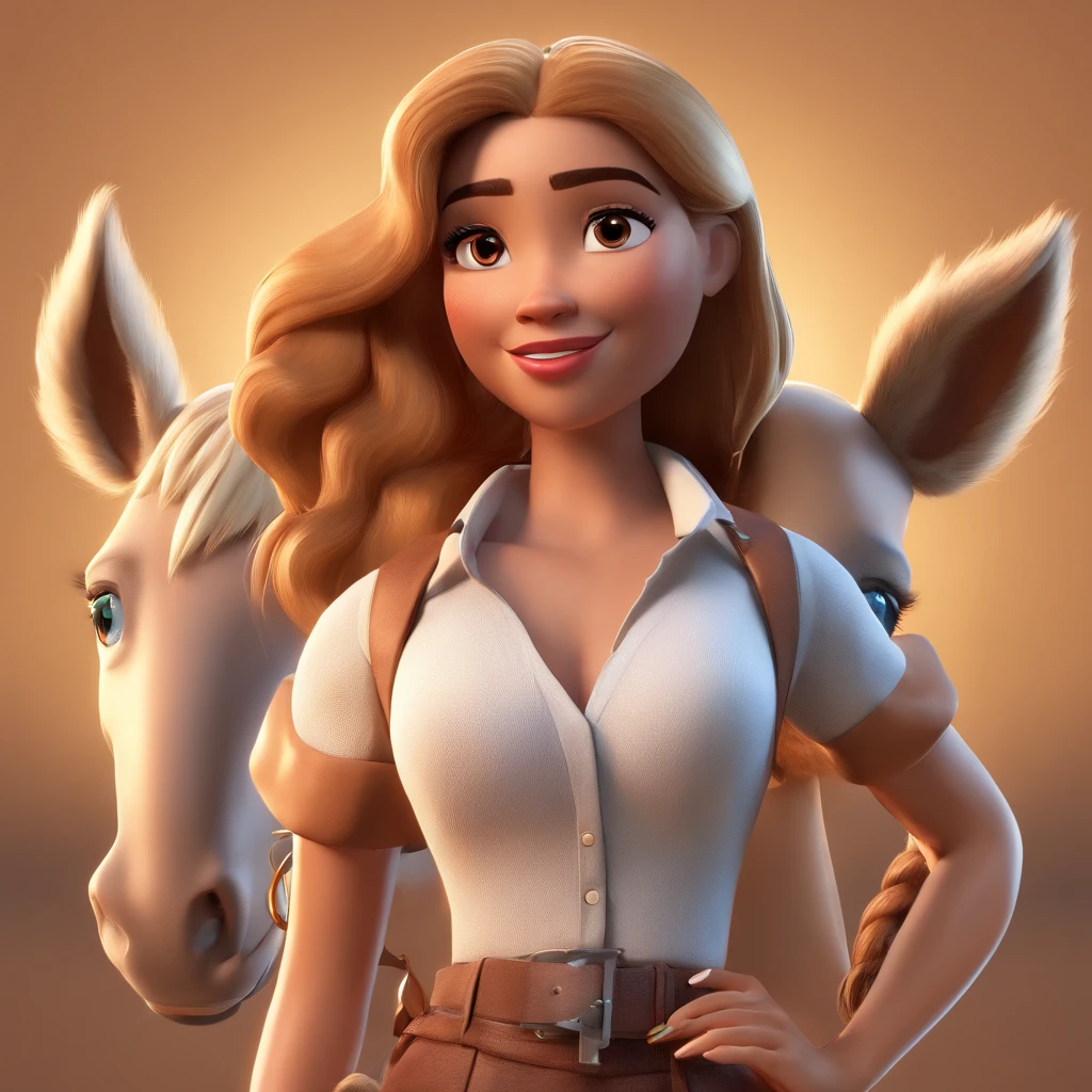 A WOMAN WITH LIGHT BROWN SKIN AND HAIR WITH BLOND HIGHLIGHTS AND BROWN EYES AND WHITE SHIRT TOGETHER WITH A HORSE OF THE MANGALARGA MARCHADOR BREED IN THE STYLE OF DISNEY PIXAR