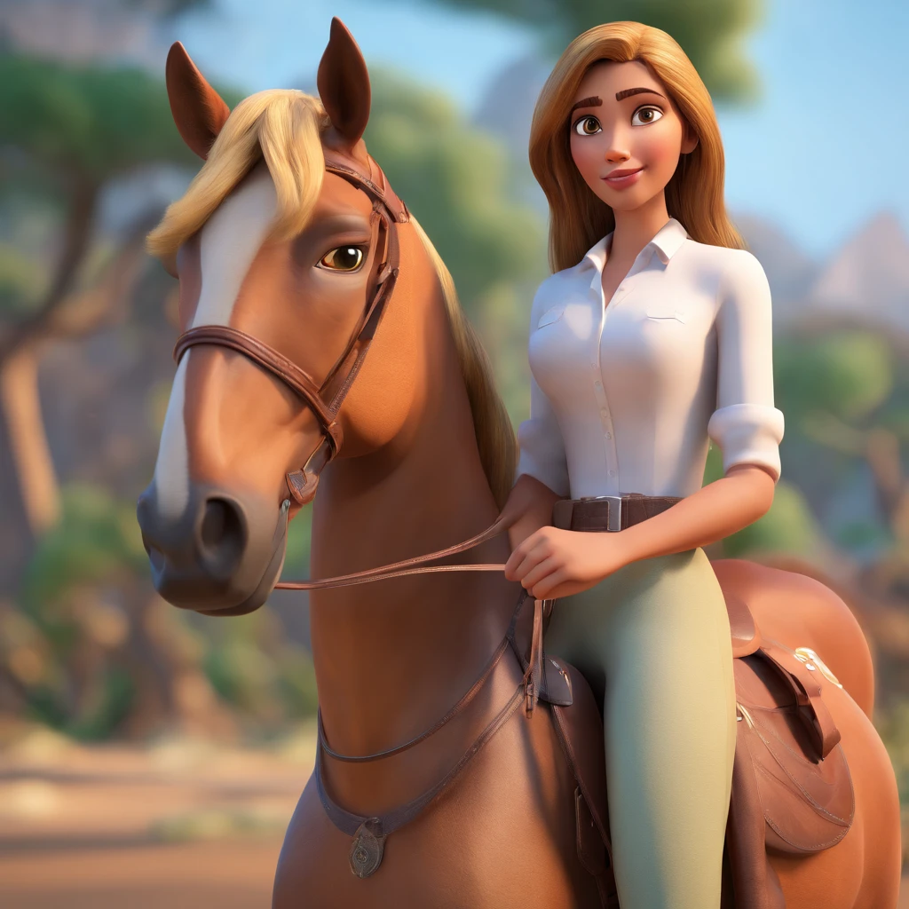 A WOMAN WITH LIGHT BROWN SKIN AND HAIR WITH BLOND HIGHLIGHTS AND BROWN EYES AND WHITE SHIRT TOGETHER WITH A HORSE OF THE MANGALARGA MARCHADOR BREED IN THE STYLE OF DISNEY PIXAR