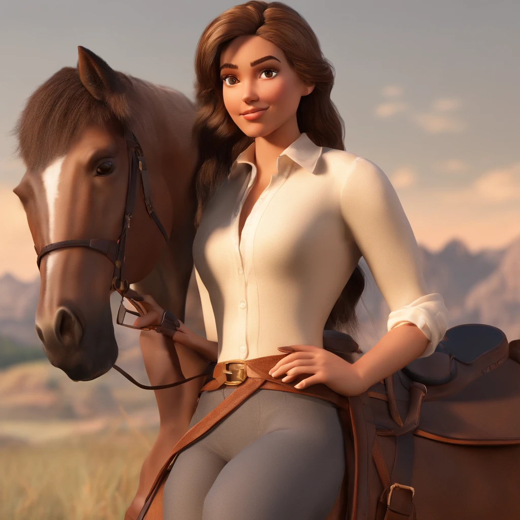 A WOMAN WITH LIGHT BROWN SKIN AND HAIR WITH BLOND HIGHLIGHTS AND BROWN EYES AND WHITE SHIRT TOGETHER WITH A HORSE OF THE MANGALARGA MARCHADOR BREED IN THE STYLE OF DISNEY PIXAR