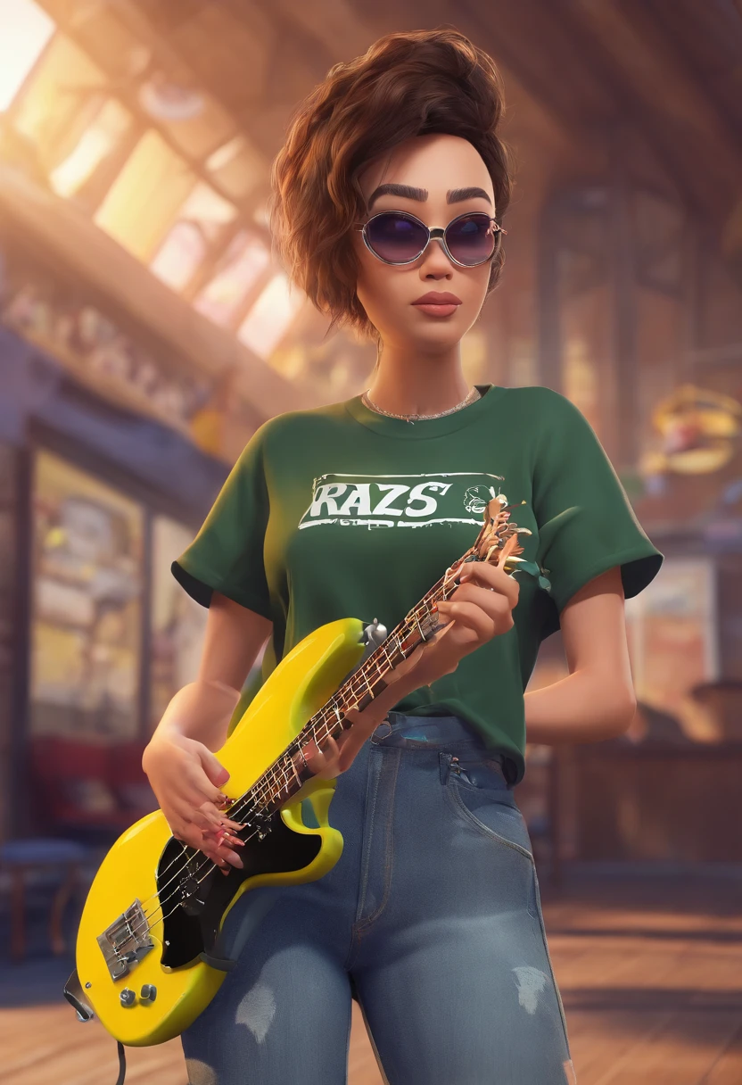 Crie um poster 3D estilo Disney/Pixar Menina negra de 18 anos com cabelo cacheado curto nos ombros ,who has round black glasses and has small eyes and the eye color is dark brown, e na sua bochecha aparece covinhas quando sorri, vestida com uma camiseta da banda Resgate , ripped pants at the knees and ALL STAR sneakers, tocando teclado com seu tio um cara de 41 anos,cabelos cacheados e de cavanhaque, Torn pants , camiseta da banda catedral, tocando um contra baixo jazz Bass fender