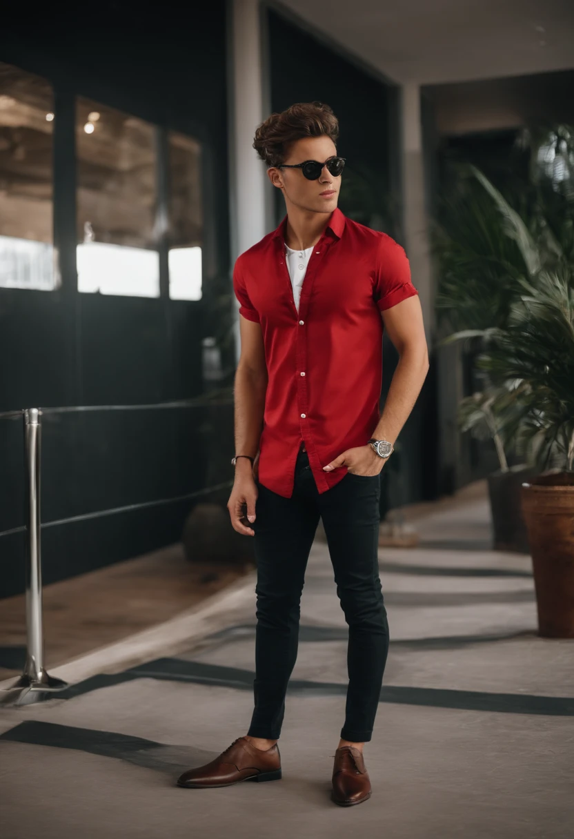 UM JOVEM, MORENO, SKINNY GUY WITH GLASSES, with a pair of black jeans, UMA BLUSA BRACA, COM UM TERNO POR CIMA DA CAMISA, WITH SILVER WATCH, WITH A CROSS CORD, COM UM SAPATO BRANCO, E UM CABELO LISO, BAIXINHO, CANTANDO EM UM PALCO COM MILHARES DE PESSOAS ASSISNTINDO