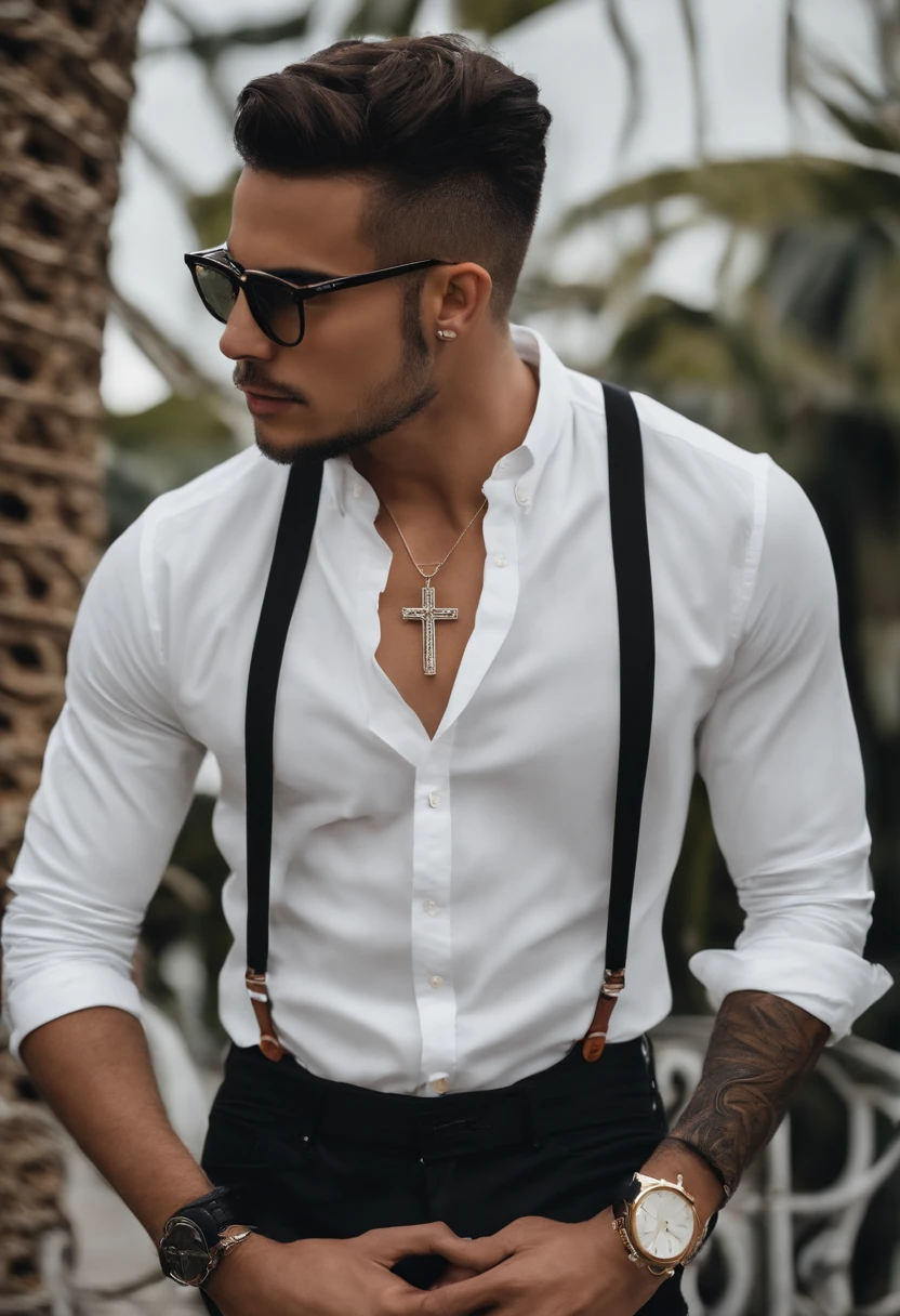 UM JOVEM, MORENO, SKINNY GUY WITH GLASSES, with a pair of black jeans, UMA BLUSA BRACA, COM UM TERNO POR CIMA DA CAMISA, WITH SILVER WATCH, WITH A CROSS CORD, COM UM SAPATO BRANCO, E UM CABELO LISO, BAIXINHO, CANTANDO EM UM PALCO COM MILHARES DE PESSOAS ASSISNTINDO