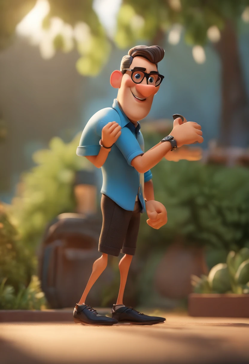 Cartoon character of a man wearing black glasses and a blue shirt, um personagem animado, Caractere estilizado, animation style rendering, 3D estilizado, Arnold Maya render, 3 d render stylized, toon render keyshot, Personagem 3D, Personagem 3D, 3d rendering stylized, 3 d character render, personagem de desenho animado, Personagem de close up, Pose de personagem, (Estilo Pixar) (master part:1.2) (Bokeh) (best quality) (pele detalhada) (textura detalhada) (8k) (argila) (Cinematic lighting) (foco nítido,Senta e vaza a parte superior do corpo