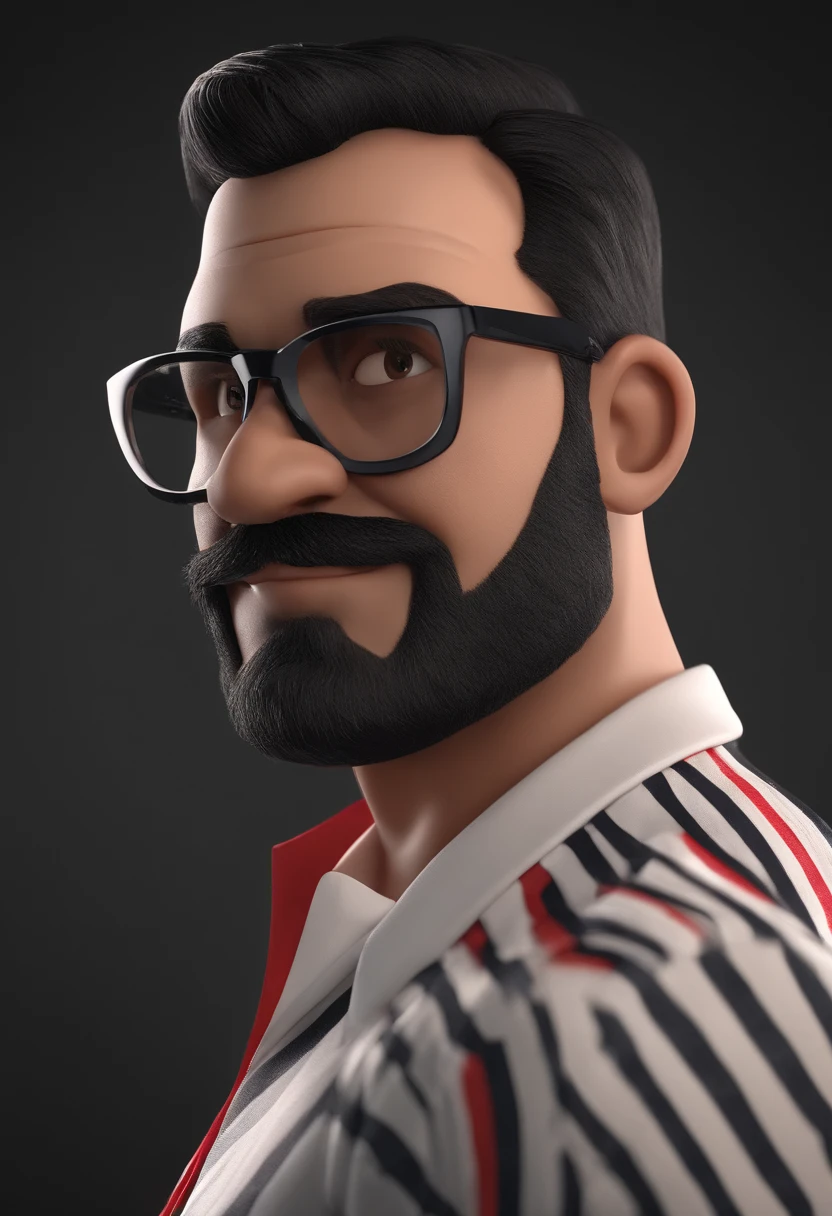 Cartoon character of a man with black hair and beard wearing black glasses and a white shirt with 3 red horizontal stripes,branca e preta, um personagem animado, Caractere estilizado, animation style rendering, 3D estilizado, Arnold Maya render, 3 d render stylized, toon render keyshot, Personagem 3D, Personagem 3D, 3d rendering stylized, 3 d character render, personagem de desenho animado, Personagem de close up, Pose de personagem, (Estilo Pixar) (master part:1.2) (Bokeh) (best quality) (pele detalhada) (textura detalhada) (8k) (argila) (Cinematic lighting) (foco nítido,Senta e vaza a parte superior do corpo