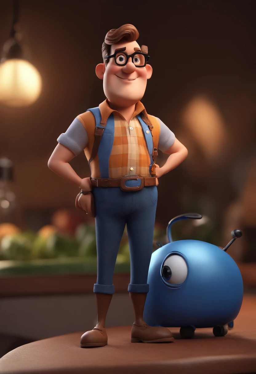 Cartoon character of a man with black glasses and a blue shirt, animation character, Caractere estilizado, animation style rendering, 3D estilizado, Arnold Maya render, 3 d render stylized, toon render keyshot, Personagem 3D, Personagem 3D, 3d rendering stylized, 3 d character render, personagem de desenho animado, Personagem de close up, Pose de personagem,  (Estilo Pixar) (master part:1.2) (Bokeh) (best quality) (pele detalhada) (textura detalhada) (8k) (argila) (Cinematic lighting) (foco nítido