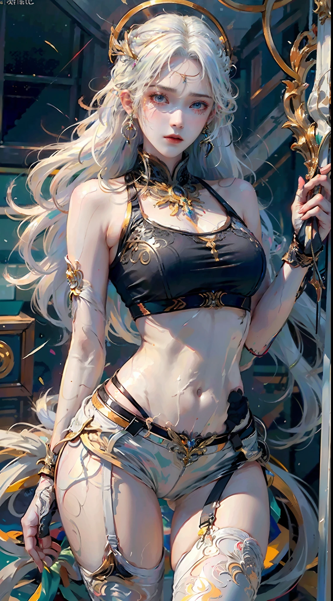 Beauty, ((Clothes damaged)), (((Shy))), ((Legs apart))), ((Sports Bra)), (Shorts), Full Body Drawing, Ultra Detailed, Master Artwork, Highest Quality, 8K Resolution, (Fine Details), ((Extreme Color))), Beautiful Eyes ((Two Side Up), (Detailed Engraving), White Stockings, ((Long White Hair, Messy))