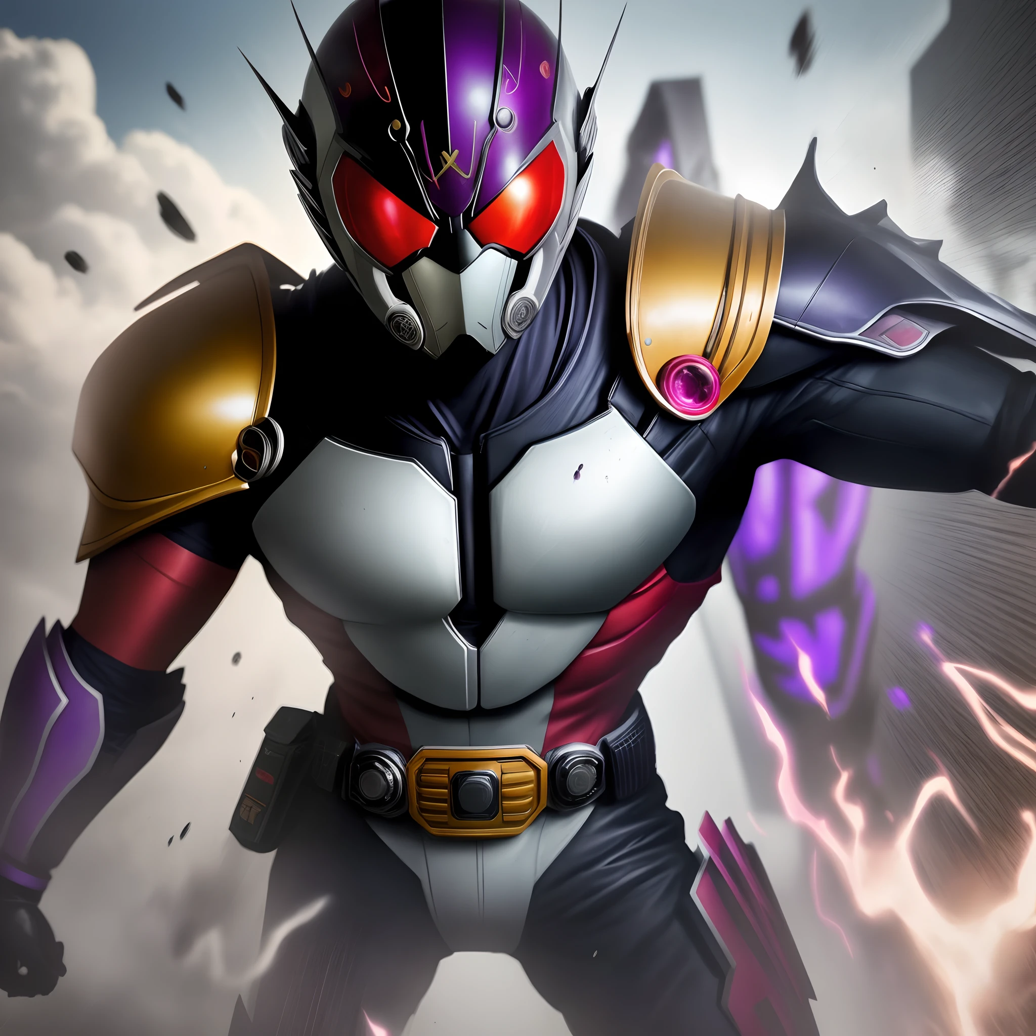 Realistic, Red, Purple, Black, Kamen Rider, looking at viewer, dynamic pose