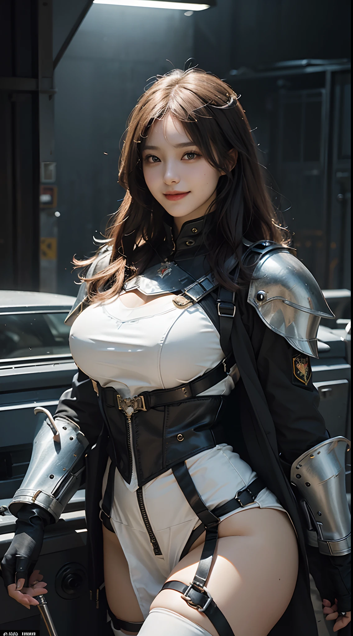 (Highest quality, 8k, 32K, masterpiece, 超High resolution:1.2), (Realistic:1.5), (masterpiece, Extremely detailed CG unity 8k wallpaper, Highest quality, High resolution:1.2), (Super detailed, 超High resolution:1.2), (( Wearing a breastplate)), , (((Big Breasts))), (((Big Breasts))),(((Big Breasts))),((Cleavage))、Photo of extremely cute and beautiful Japanese woman, (Long wavy chestnut hair:1.2), Adult, (Beautiful detailed:1.4), Highest quality, woman, Adult, (Detailed US Air Force pilot uniform:1.5), (White Pilot Captain Jacket:1.3), (White high waist pencil skirt:1.3), (((日本刀を持つwoman)))、(((Metal shoulder pads)))、(((Metal armor on legs)))、Detailed clothing, (Beautiful sunset、US Air Force Base runway scenery background:1.3), Laugh shyly:1, A light smile, View your viewers, Facing the audience, ((完璧なwomanの体)), (Tight waist:1.2), (Upper body image:1.3), thin, Abdominal muscles, (Large breasts:1.25), ((Encircling the head)), Wind, Dynamic pose, Cinematic Light, Backlight, Perfect Anatomy, Perfect Proportions, Detailed human body, Bokeh, Depth of written boundary,Show off your breasts,,Show off your breasts,,Show off your breasts,