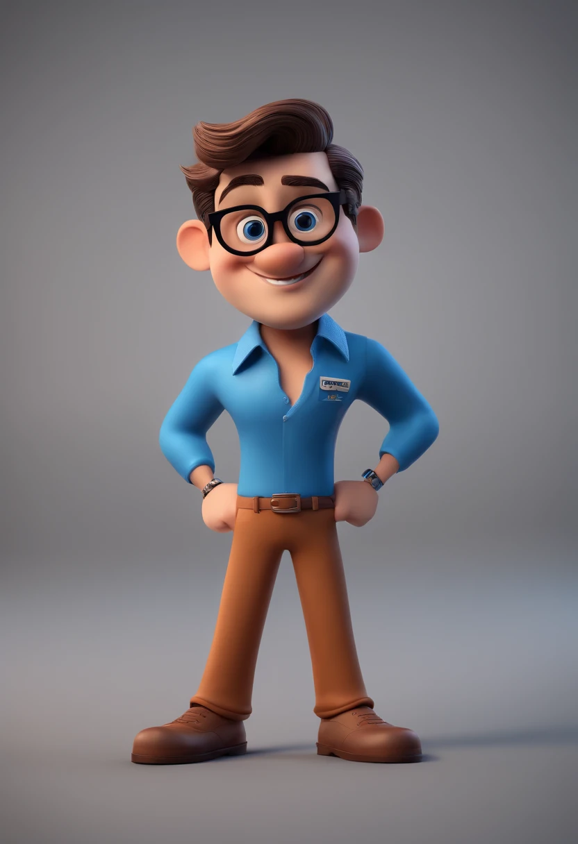 Cartoon character of a man with black glasses and a blue shirt, animation character, Caractere estilizado, animation style rendering, 3D estilizado, Arnold Maya render, 3 d render stylized, toon render keyshot, Personagem 3D, Personagem 3D, 3d rendering stylized, 3 d character render, personagem de desenho animado, Personagem de close up, Pose de personagem,  (Estilo Pixar) (master part:1.2) (Bokeh) (best quality) (pele detalhada) (textura detalhada) (8k) (argila) (Cinematic lighting) (foco nítido