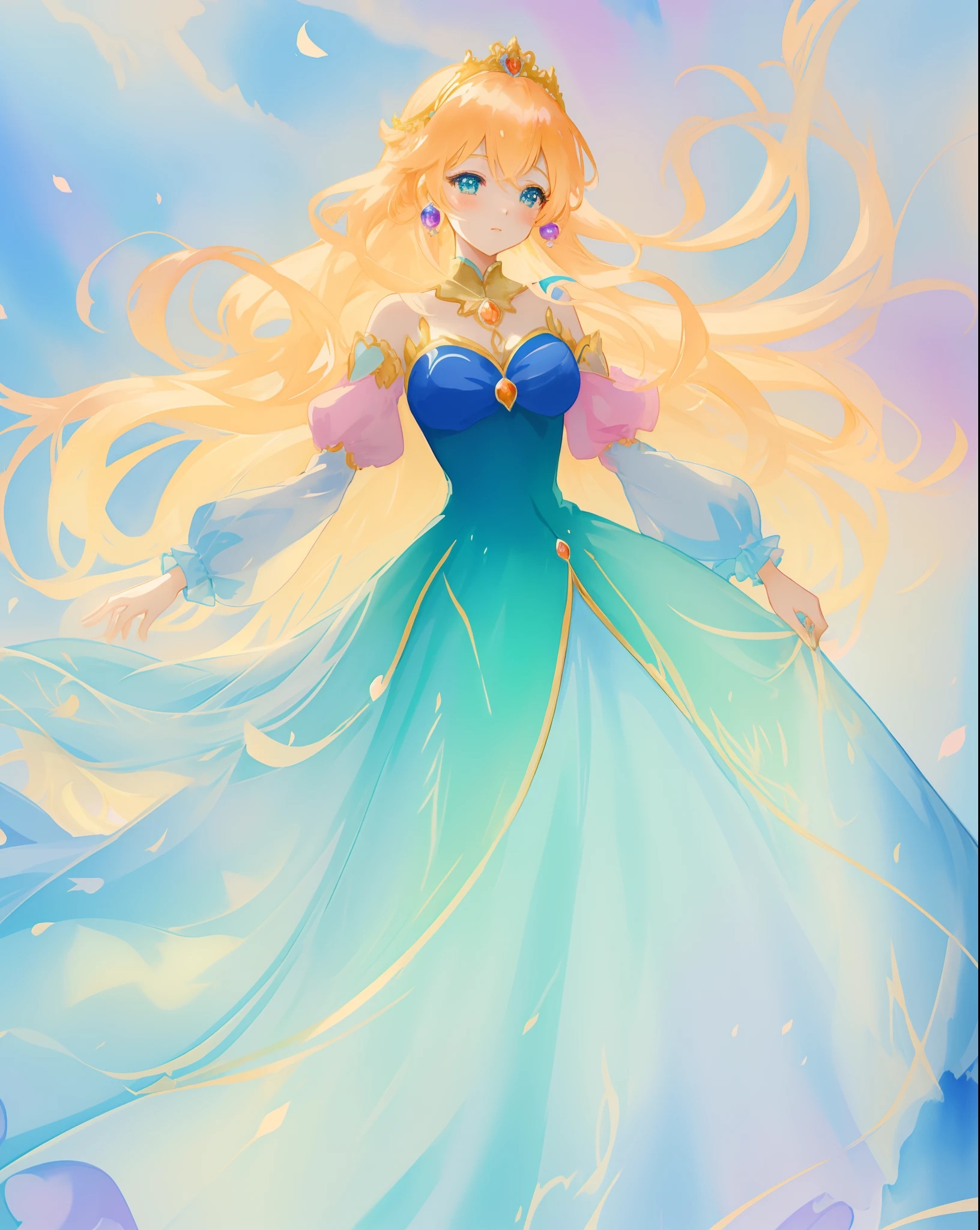 beautiful anime girl in gradient blue princess ballgown with puffy long sleeves, long flowing gold peach hair, liquid theme, vibrant pastel colors, colorful fantasia background, watercolor illustration, disney art style, beautiful digital illustration, beautiful, masterpiece, best quality, anime disney style, beautiful face