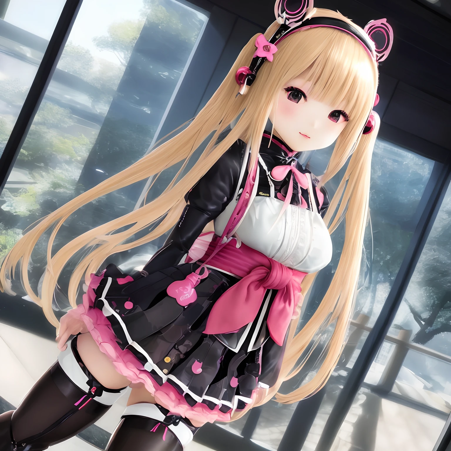 Japan anime style、Futuristic android girl、Blonde longhair、Wearing ta clothes、a miniskirt、Wearing a headband