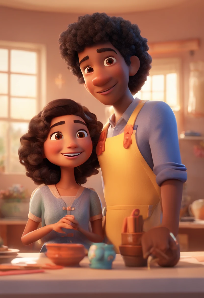 An illustration of an adorable couple, destacando um homem e uma mulher com bonito, Expressive eyes – the man's skin is black and the man's hair is bald and black, while the woman's skin is black and the woman's hair is curly and brown. They are a bright room, cada um com um sorriso no rosto, e compartilhar um momento especial caracterizado pelo amor, arroz, e insights educacionais. Illustrate this scene from a perspective where they are facing away from the camera, Showing Your Connection. Desenvolva esta arte em Full HD, Focus on your cinematic touch, Estilo Disney Pixar Animations
