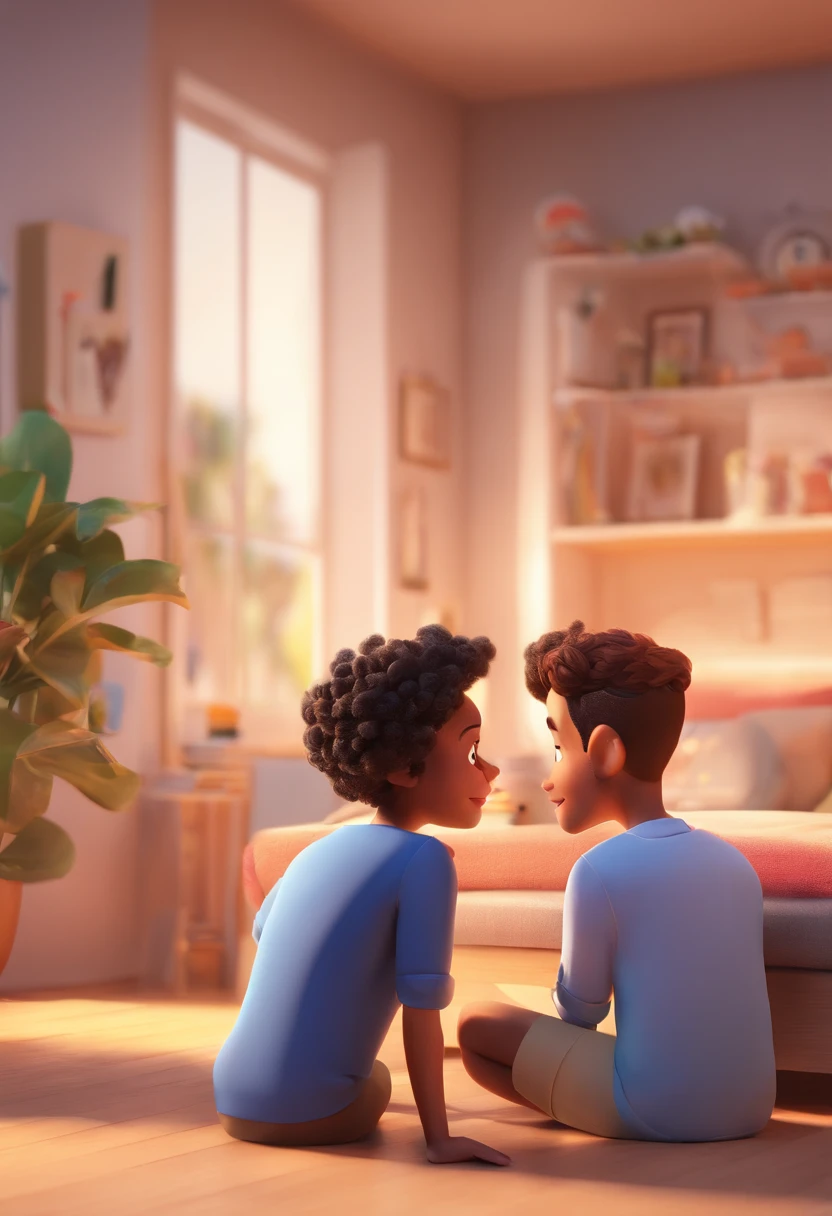 An illustration of an adorable couple, destacando um homem e uma mulher com bonito, Expressive eyes – the man's skin is black and the man's hair is bald and black, while the woman's skin is black and the woman's hair is curly and brown. They are a bright room, cada um com um sorriso no rosto, e compartilhar um momento especial caracterizado pelo amor, arroz, e insights educacionais. Illustrate this scene from a perspective where they are facing away from the camera, Showing Your Connection. Desenvolva esta arte em Full HD, Focus on your cinematic touch, Estilo Disney Pixar Animations