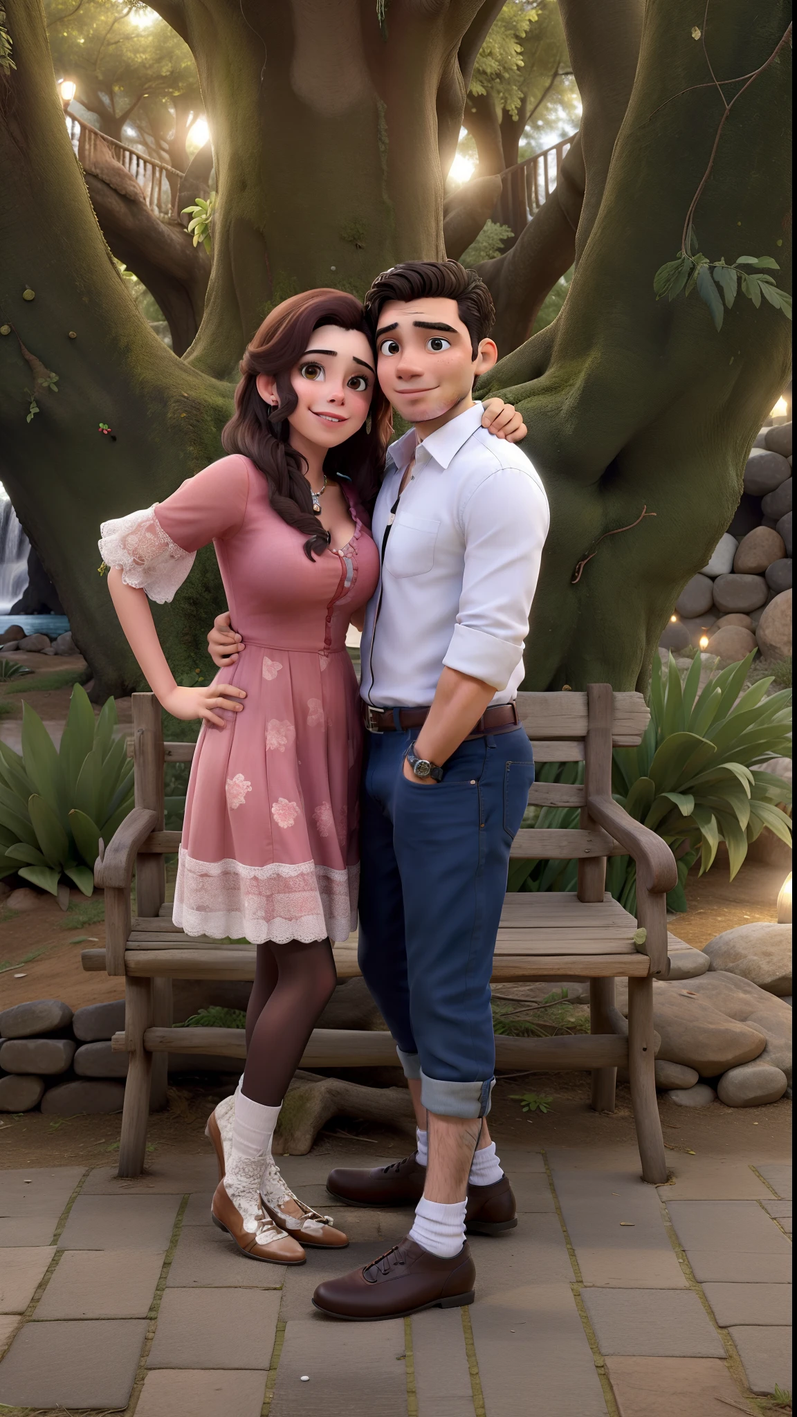 um lindo casal tirando uma foto juntos enfrente a uma fonte do amor