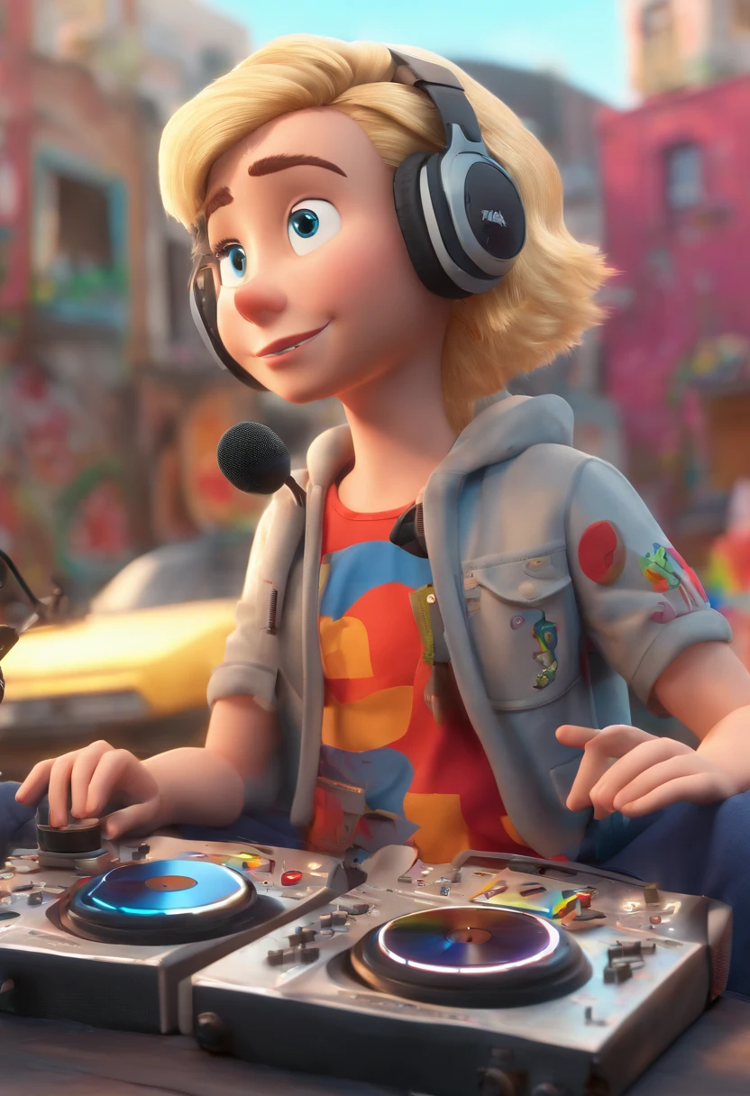 Estilo Pixar: The young blond who is a youtuber with the camera and in the background of the graffiti image and next to him a DJ controller and microphone