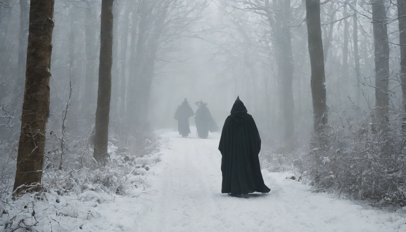 an ancient, gothic, snowy medieval Hungarian forest, from opposite ends of the forest line a great majestic stag and old witch crone emerge, cinematic, 8k, scene from horror film, gothic, eerie, cinematic scene from film