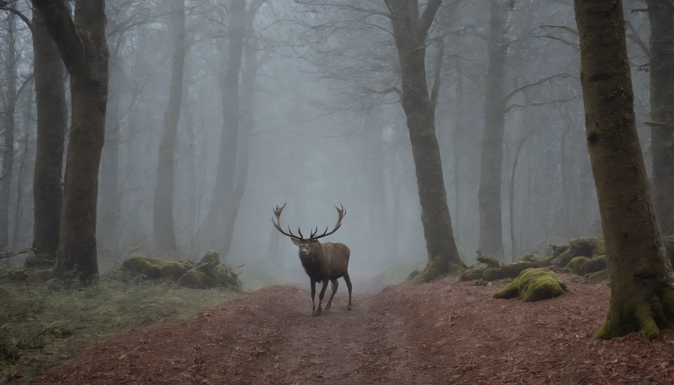 an ancient, gothic, snowy medieval Hungarian forest, from opposite ends of the forest line a great majestic stag and old witch crone emerge, cinematic, 8k, scene from horror film, gothic, eerie, cinematic scene from film