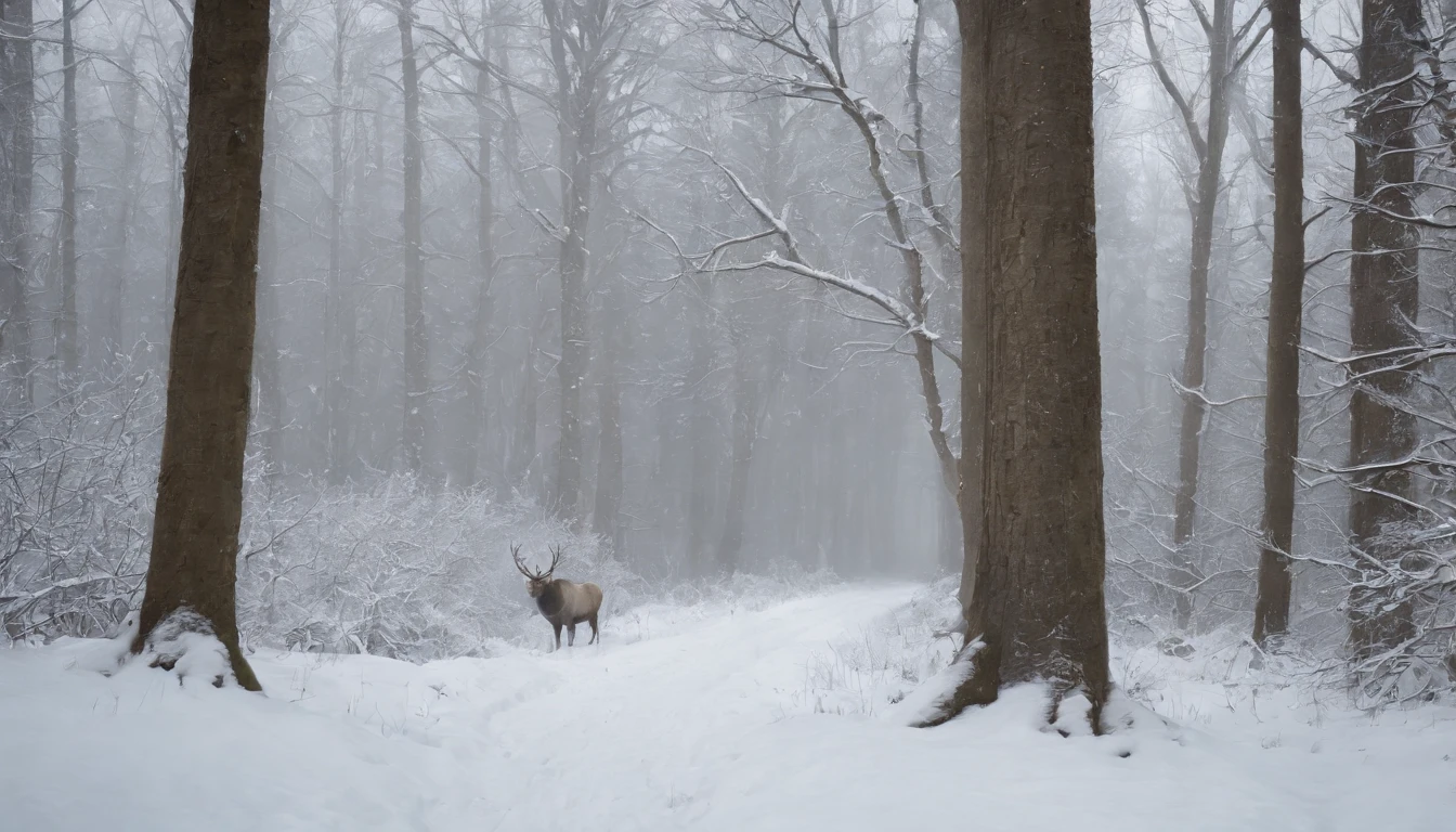 an ancient, gothic, snowy medieval Hungarian forest, from opposite ends of the forest line a great majestic stag and old witch crone emerge, cinematic, 8k, scene from horror film, gothic, eerie, cinematic scene from film