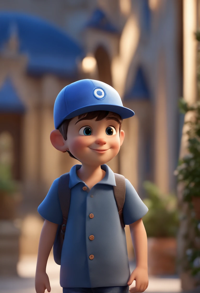 A happy cute boy standing short hair with dark blue cap , vestindo uma camisa azul , , fundo branco, barnet, Tom, Estilo Pixar, ......3d, desenhos animados, rosto detalhado, asymmetrical 16k
