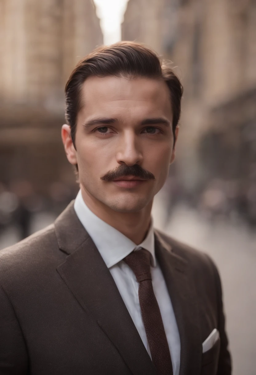 Third person view، spy moustache، dark brown suit، daylight، street solitude، 2035، depth of field، very real.