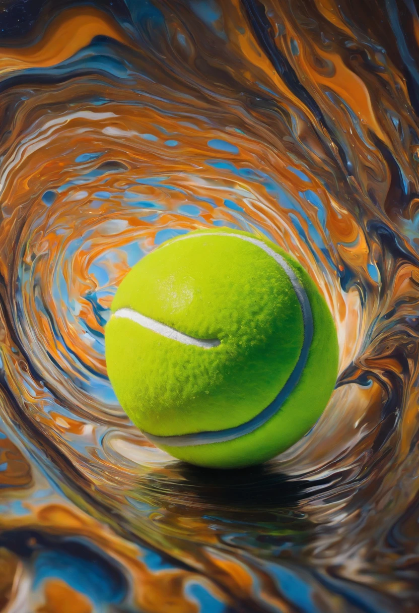 Acrylic paint pouring abstract painting, Hyperrealistic Portrait Of A Tennis Ball Blends Out Of Acrylic Paint, Reflexivo, luz neon intensa