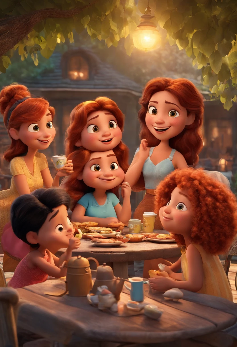 a Disney Pixar movie poster showing five female friends sitting at a round table in a barbecue area drinking coffee. Uma is a little chubby and red-haired, a outra tem cabelos longos e preto as outras tres sao loiras. The bottom is a barbecue, uma pia e uma prateleira em cima da pia com plantas caidas.