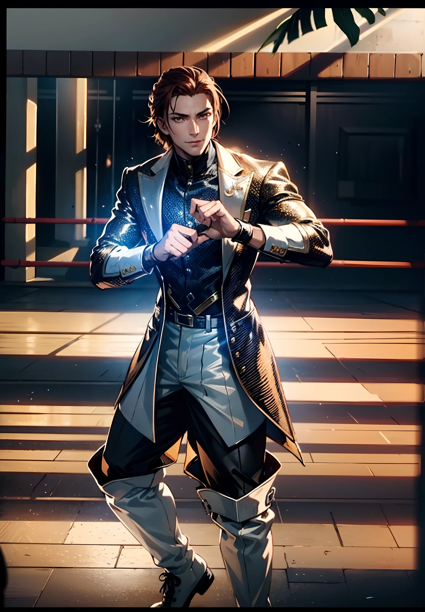 A young man, auburn hair, a center-parted back hairstyle, dark skin, narrow eyes, a cunning smile, a two-piece fantasy-reality style outfit, a white undershirt, a dark formal-style coat, wearing gloves, matching trousers with the outfit, has metallic-adorned knee-high boots, striking a boxing pose, against a background of horizon, this character embodies a finely crafted fantasy-reality style fighter in anime style, characterized by an exquisite and mature manga illustration art style, high definition, best quality, highres, ultra-detailed, ultra-fine painting, extremely delicate, professional, anatomically correct, symmetrical face, extremely detailed eyes and face, high quality eyes, creativity, RAW photo, UHD, 8k, Natural light, cinematic lighting, masterpiece-anatomy-perfect, masterpiece:1.5