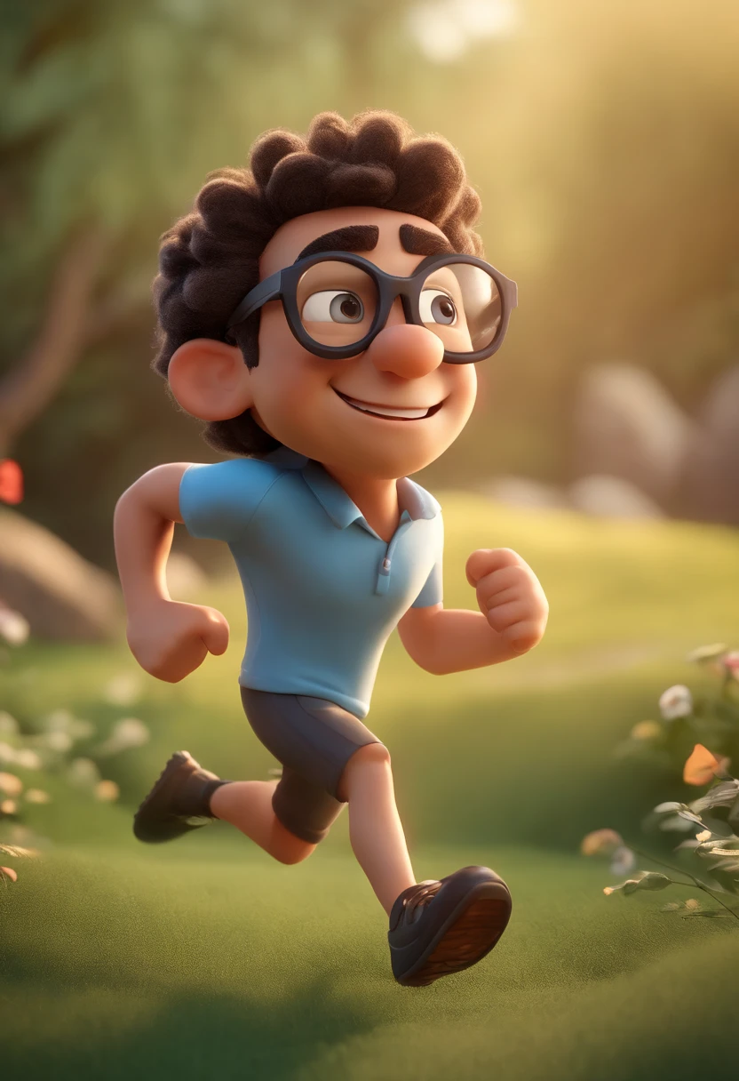 Cartoon character of a man running outdoors with black glasses, cabelo liso, pele cor clara, animation character, Caractere estilizado, animation style rendering, 3D estilizado, Arnold Maya render, 3 d render stylized, toon render keyshot, Personagem 3D, Personagem 3D, 3d rendering stylized, 3 d character render, personagem de desenho animado, Personagem de close up, Pose de personagem, (Estilo Pixar) (master part:1.2) (Bokeh) (melhor qualidade) (pele detalhada) (textura detalhada) (8k) (argila) (Cinematic lighting) (foco nítido)