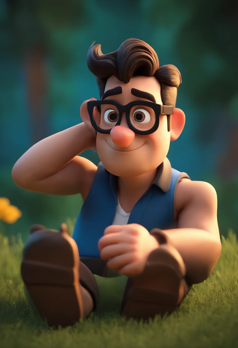 Cartoon character of a man wearing black glasses and a blue shirt, um personagem animado, Caractere estilizado, animation style rendering, 3D estilizado, Arnold Maya render, 3 d render stylized, toon render keyshot, Personagem 3D, Personagem 3D, 3d rendering stylized, 3 d character render, personagem de desenho animado, Personagem de close up, Pose de personagem, (Estilo Pixar) (master part:1.2) (Bokeh) (best quality) (pele detalhada) (textura detalhada) (8k) (argila) (Cinematic lighting) (foco nítido,Senta e vaza a parte superior do corpo