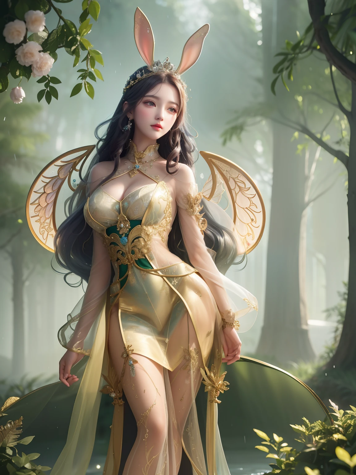 1girl, woman of the Renaissance,very bright light, pouting,jwy1,((see-through)), {beautiful and detailed eyes}, ((hands behind back)),sumptuous jewel, tiara, wet, rainy forest, 18 yo,(angel_wings),CHIBI,1 girl,wonyounglorashy,rabbit ears,long dress,long hair, hair