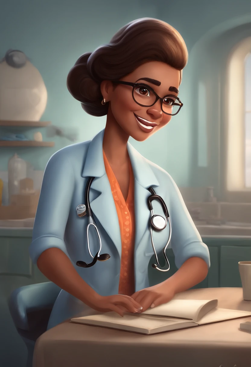 Create a pixar-style character woman vet using a stethoscope, ao lado de uma vaca holandesa, com cabelo ondulado de cor castanho escuro, Olhos castanhos de cor chocolate, e oculos, rosto oval, sorridente