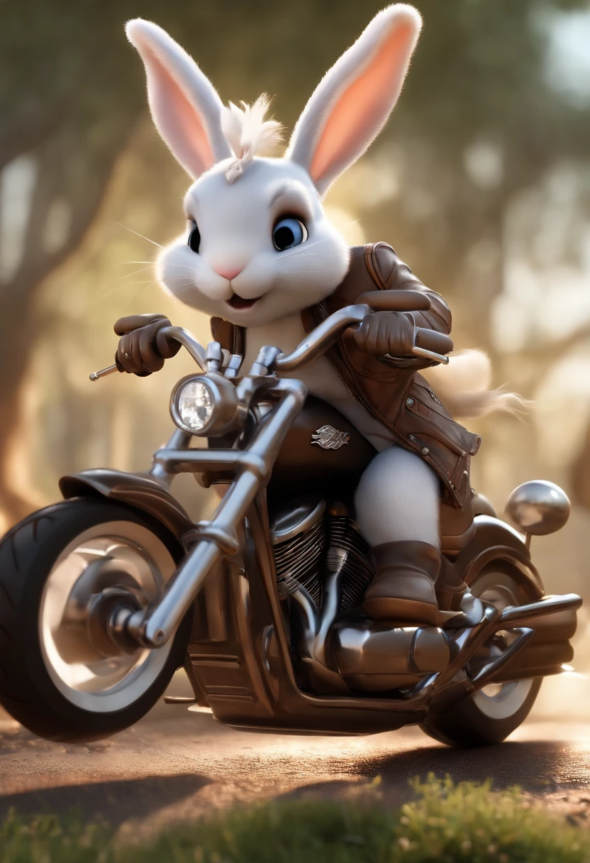 (((Cartoon Character 1.3)))，(((A super cute bunny riding a Harley-Davidson motorcycle)))，The rabbit wears a speckled vest，Denim shorts on the bottom，Long white hair that floated up，Naughty expression，HD Real，Black eyes，Flying figure，HD picture，Sony SLR lens，Shoot at medium distance，Soft lighting，tmasterpiece