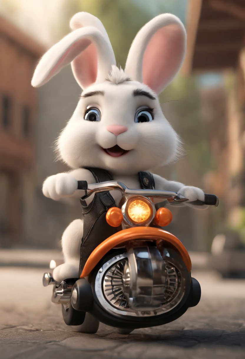(((Cartoon Character 1.3))),(((A super cute bunny riding a Harley-Davidson motorcycle))),The rabbit wears a speckled vest,Denim shorts on the bottom,Long white hair that floated up,Naughty expression,HD Real,Black eyes,Flying figure,HD picture,Sony SLR lens,Shoot at medium distance,Soft lighting,tmasterpiece