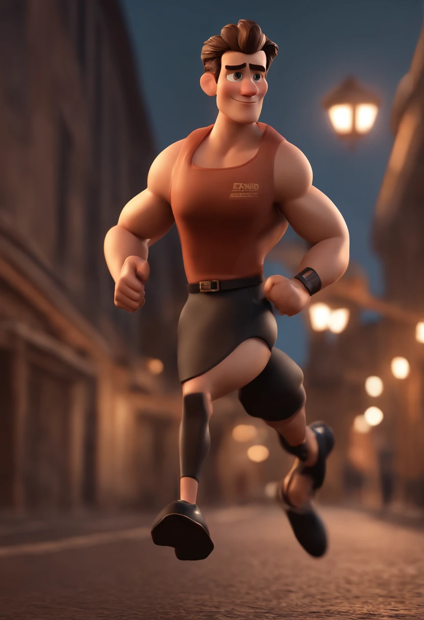 Personagem dos desenhos animados de um homem correndo pela cidade, com cabelo castanho e uma camisa preta, animation character, roupa de corrida, tenis de corrida, correndo pela cidade, Caractere estilizado, animation style rendering, 3D estilizado, Arnold Maya render, 3 d render stylized, toon render keyshot, Personagem 3D, Personagem 3D, 3d rendering stylized, 3 d character render, personagem de desenho animado, Personagem de close up, Pose de personagem, (Estilo Pixar) (master part:1.2) (Bokeh) (melhor qualidade) (pele detalhada) (textura detalhada) (8k) (argila) (Cinematic lighting) (foco nítido